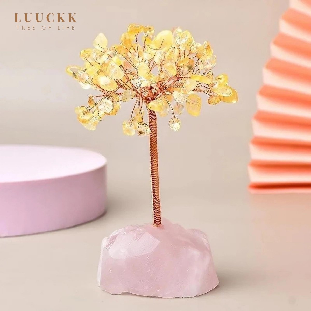 Joie de Vivre – Arbre de Vie en Citrine et Base en Quartz Rose