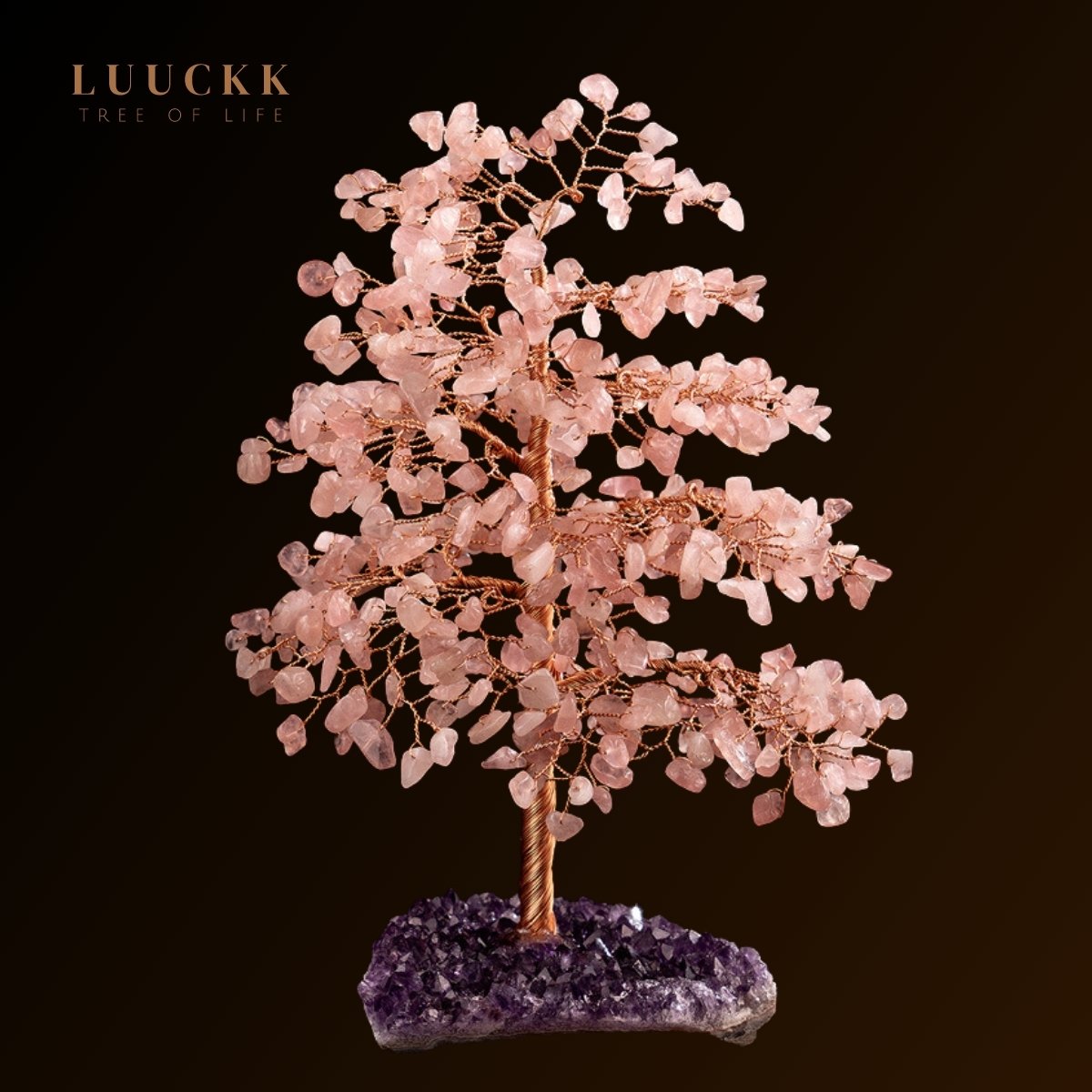Symbiose - Arbre de Vie en Quartz Rose avec Géode Améthyste