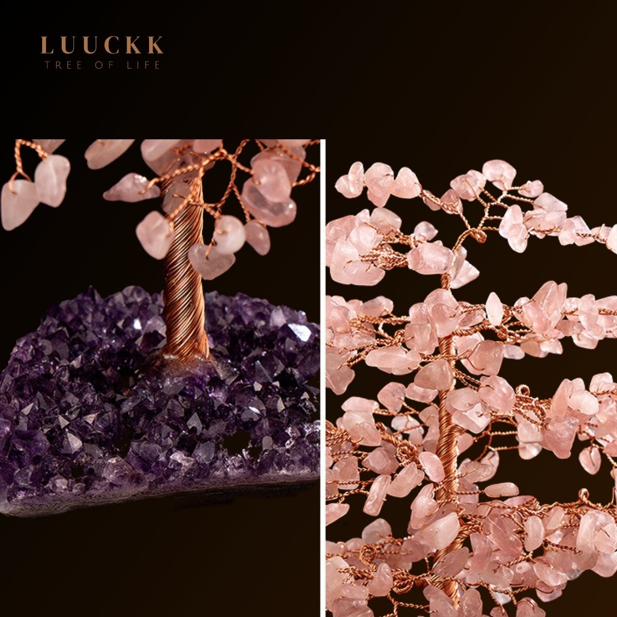 Symbiose - Arbre de Vie en Quartz Rose avec Géode Améthyste