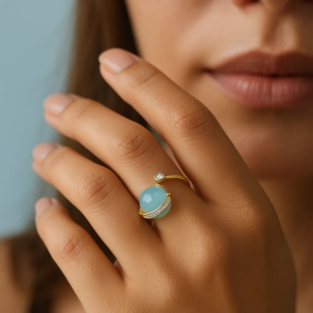 Anello Acquamarina "Galassia Blu" Argento Dorato Oro 14K
