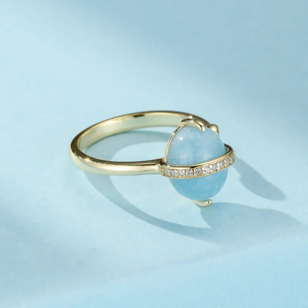 Anello Acquamarina "Galassia Blu" Argento Dorato Oro 14K