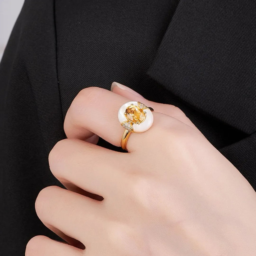 Bague Citrine et Nacre "Élégance Éternelle" Argent Doré Or