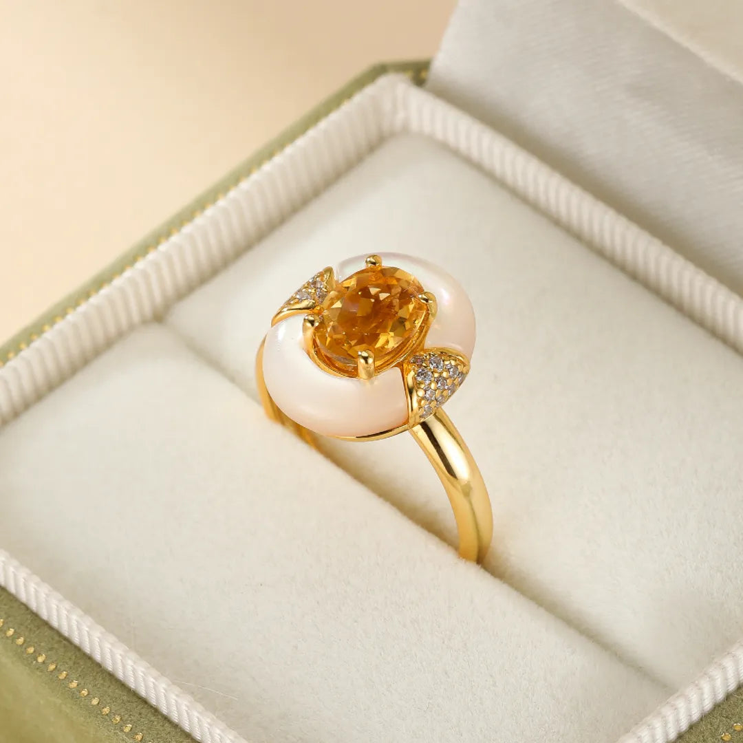 Bague Citrine et Nacre "Élégance Éternelle" Argent Doré Or