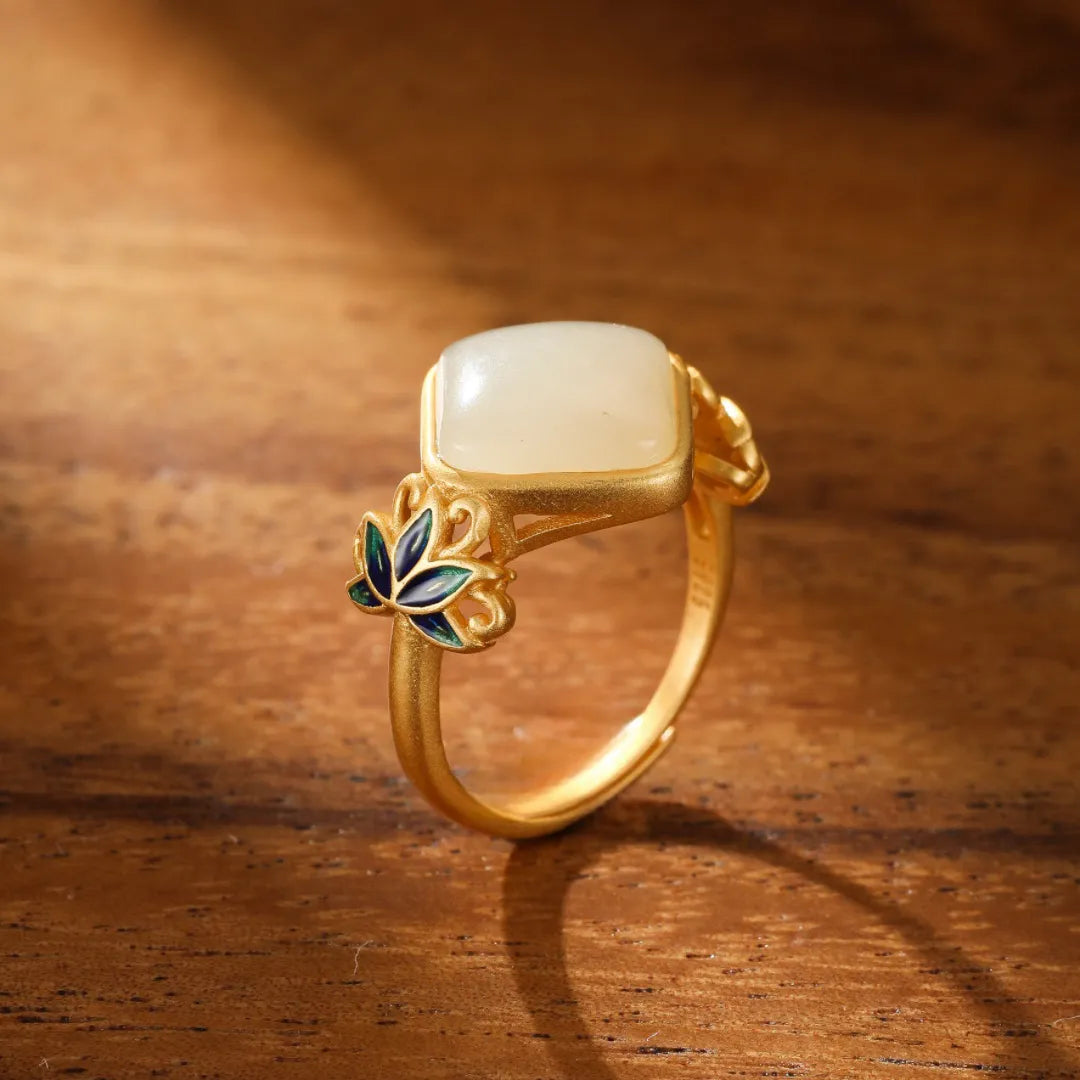 Bague Jade Blanc "Lotus Céleste" Argent Doré Or