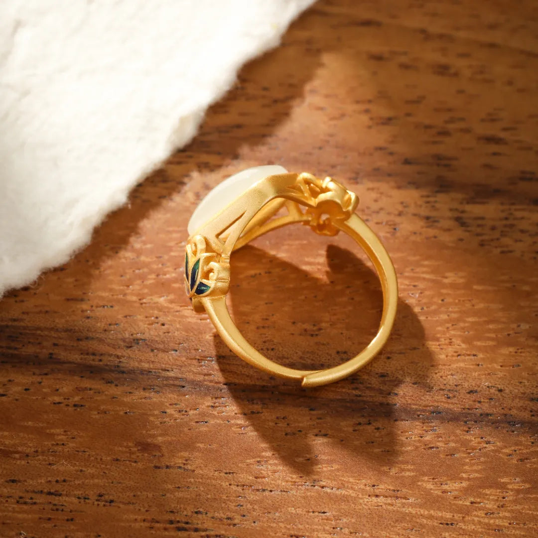 Bague Jade Blanc "Lotus Céleste" Argent Doré Or