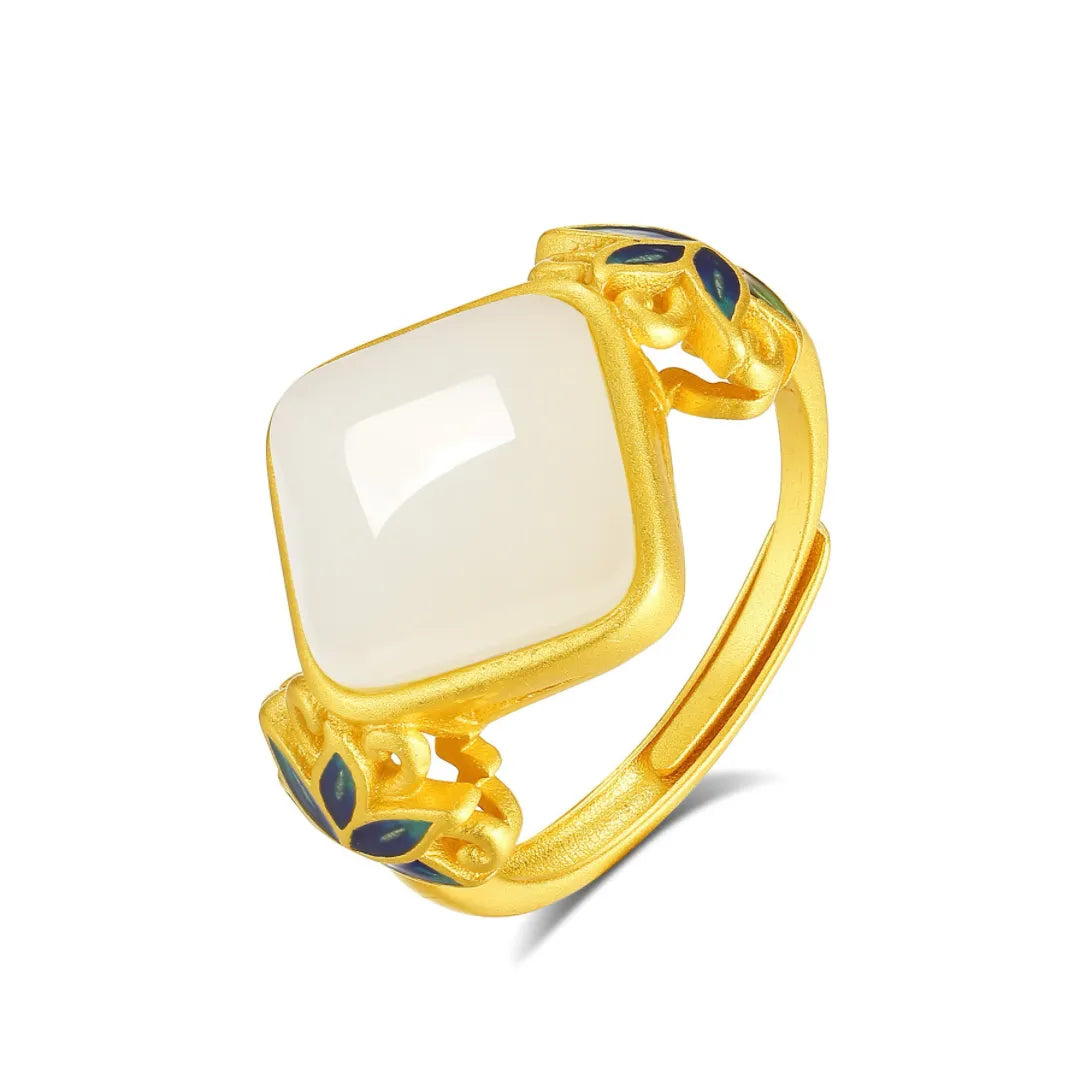 Bague Jade Blanc "Lotus Céleste" Argent Doré Or