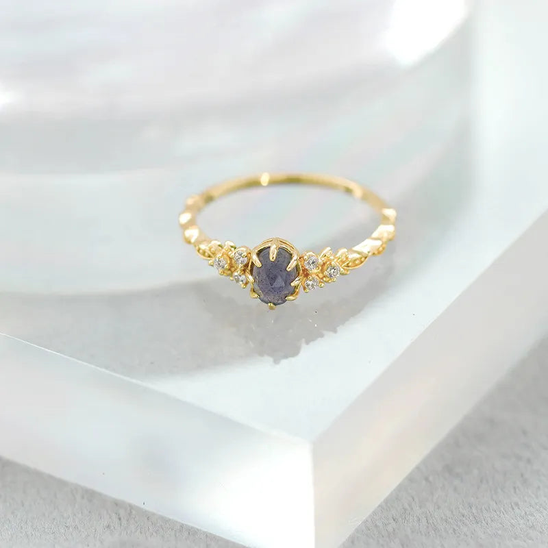Bague Labradorite et Cordiérite – Apaisement, Argent Plaqué Or