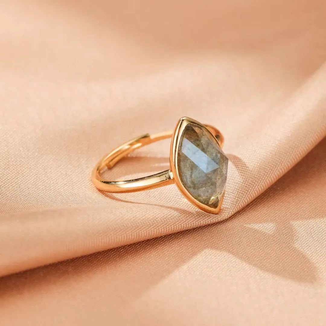 Labradorite Ring "Mysterious Leaf" Gold-Plated Silver