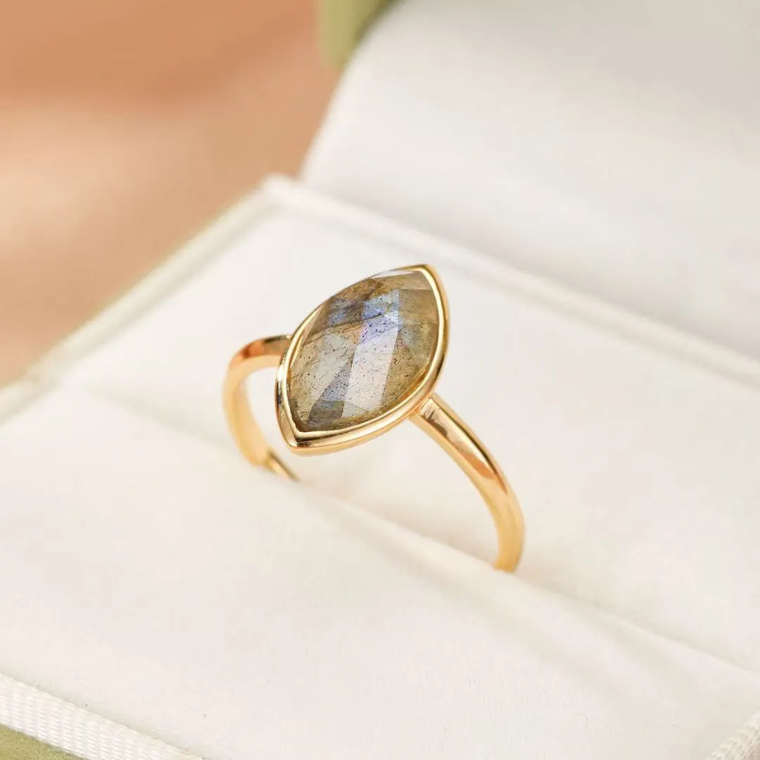 Labradorite Ring "Mysterious Leaf" Gold-Plated Silver