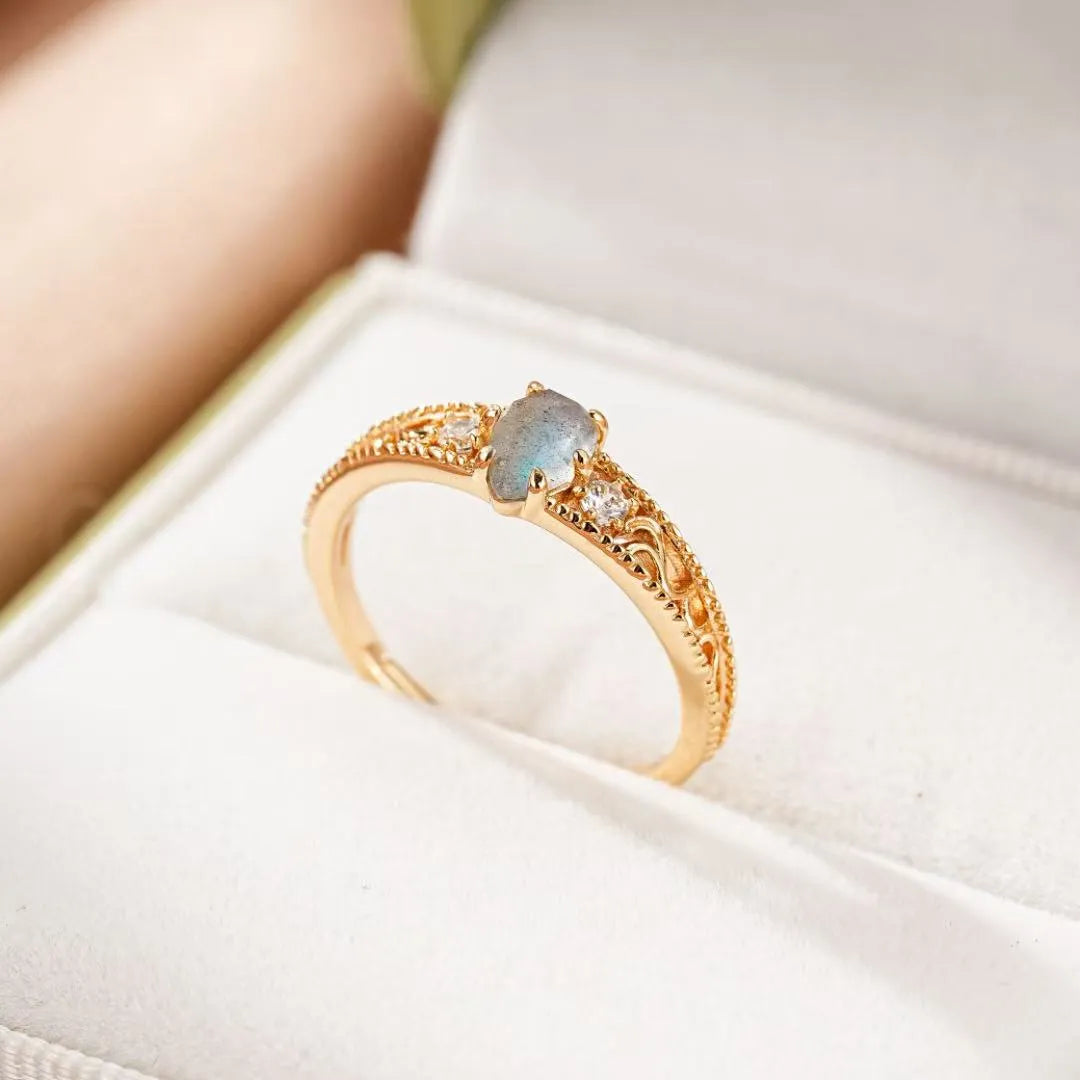 Anello Labradorite "Luce Imperiale" Argento Dorato Oro 10K