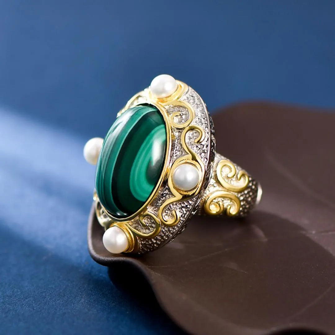 Bague Malachite et Perle – Éclat Vénusien, Argent 925
