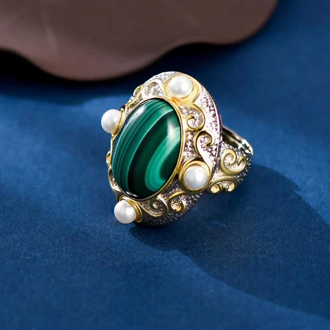 Bague Malachite et Perle – Éclat Vénusien, Argent 925