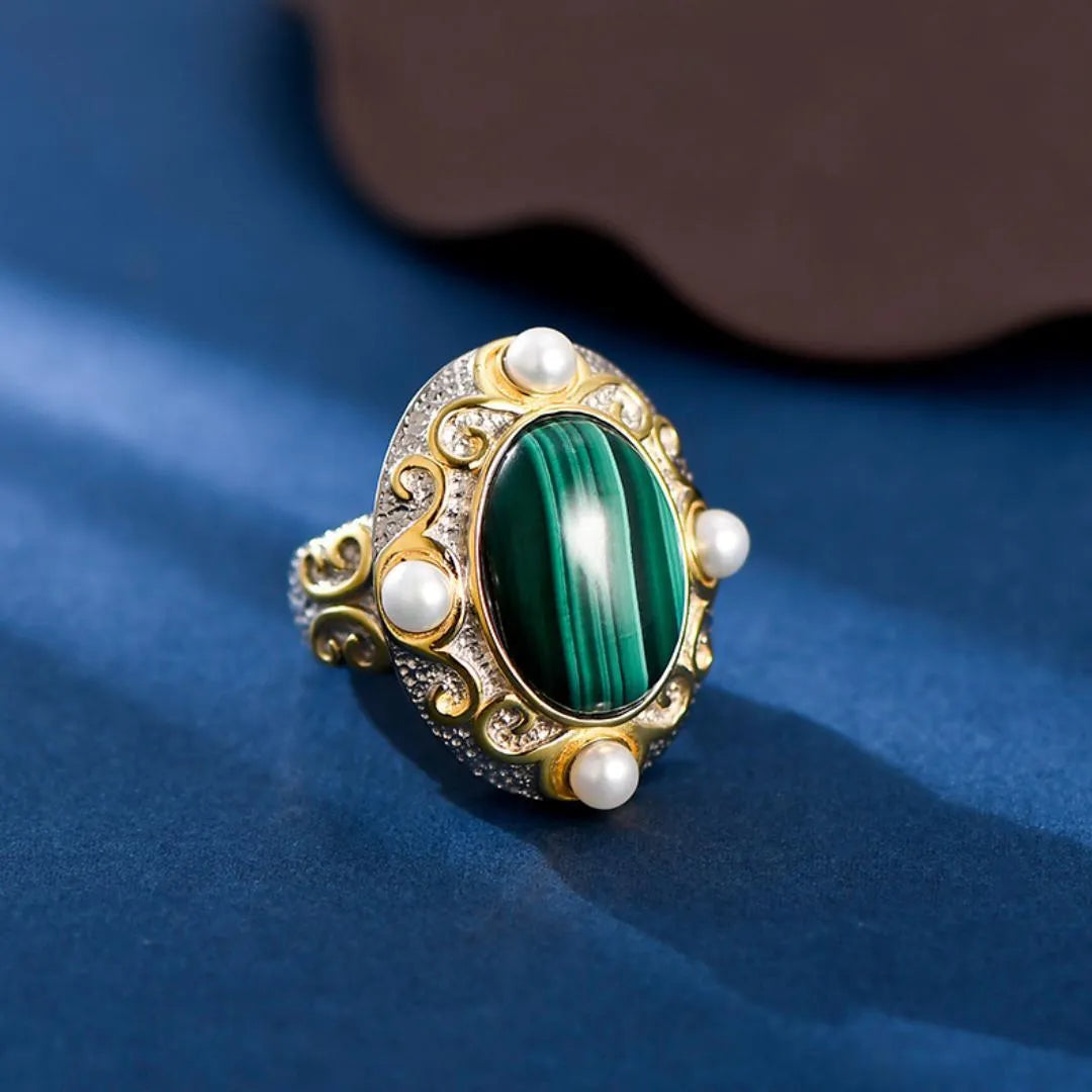 Bague Malachite et Perle – Éclat Vénusien, Argent 925