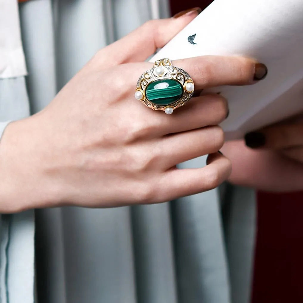 Bague Malachite et Perle – Éclat Vénusien, Argent 925
