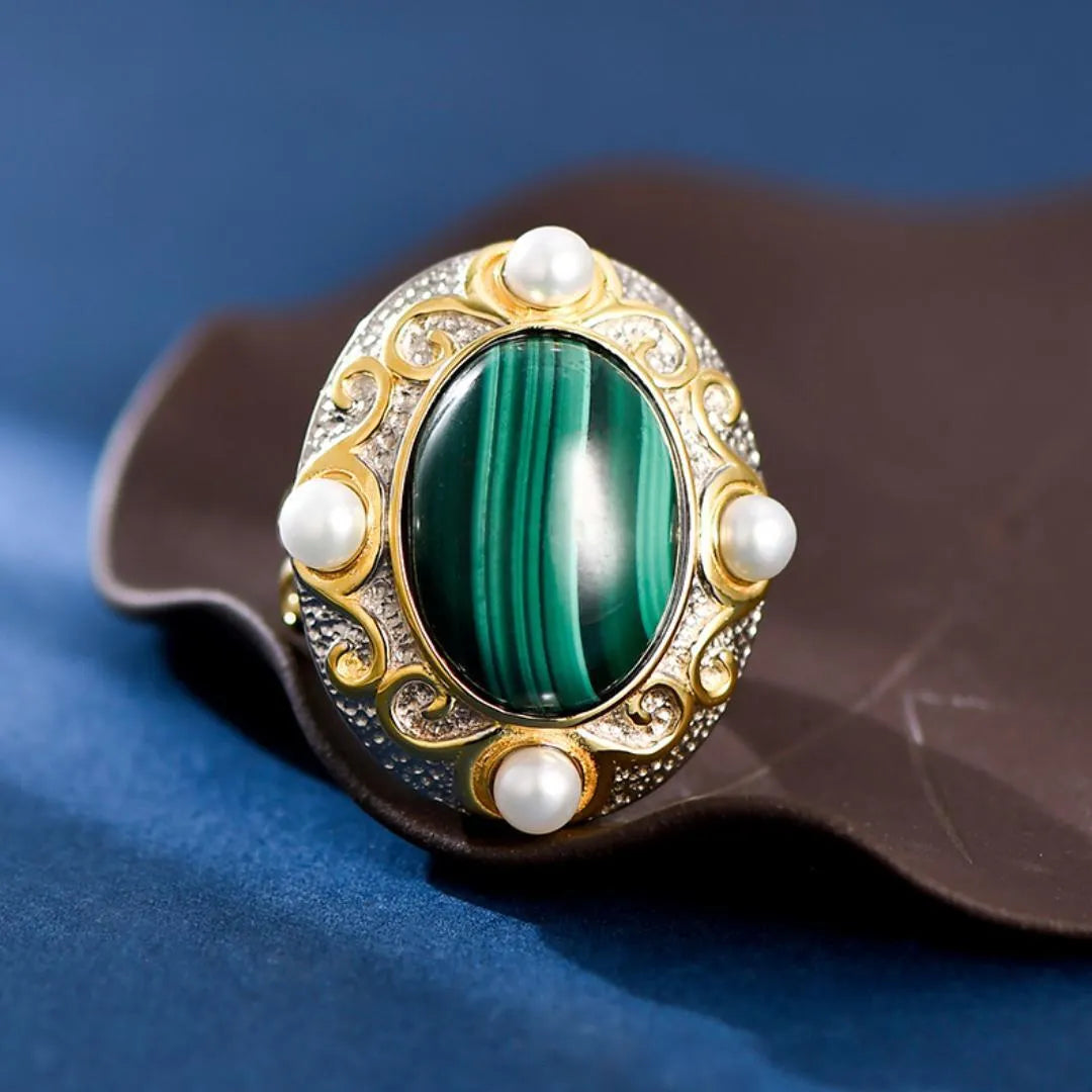 Bague Malachite et Perle – Éclat Vénusien, Argent 925