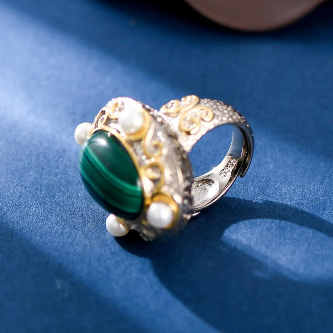 Bague Malachite et Perle – Éclat Vénusien, Argent 925