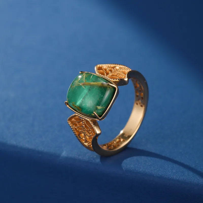 Bague Malachite et Quartz Rutile ''Rêve Royal'' Argent Plaqué Or