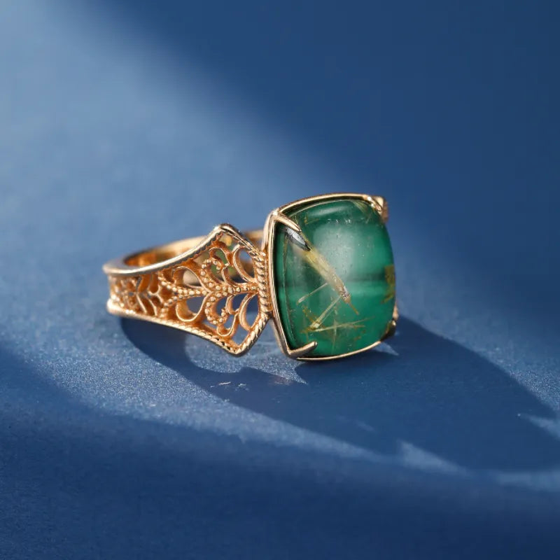 Bague Malachite et Quartz Rutile ''Rêve Royal'' Argent Plaqué Or