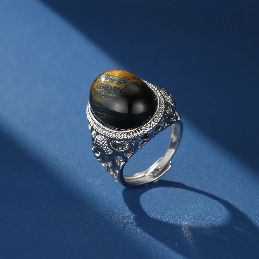 Bague Malachite ou Œil de Tigre "Énergie Spirituelle" Argent