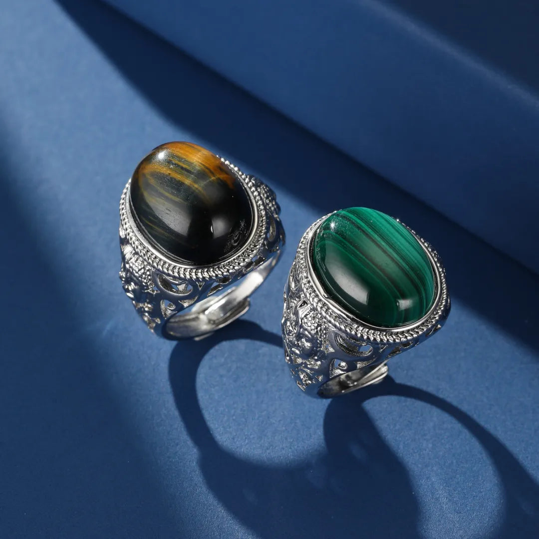 Bague Malachite ou Œil de Tigre "Énergie Spirituelle" Argent