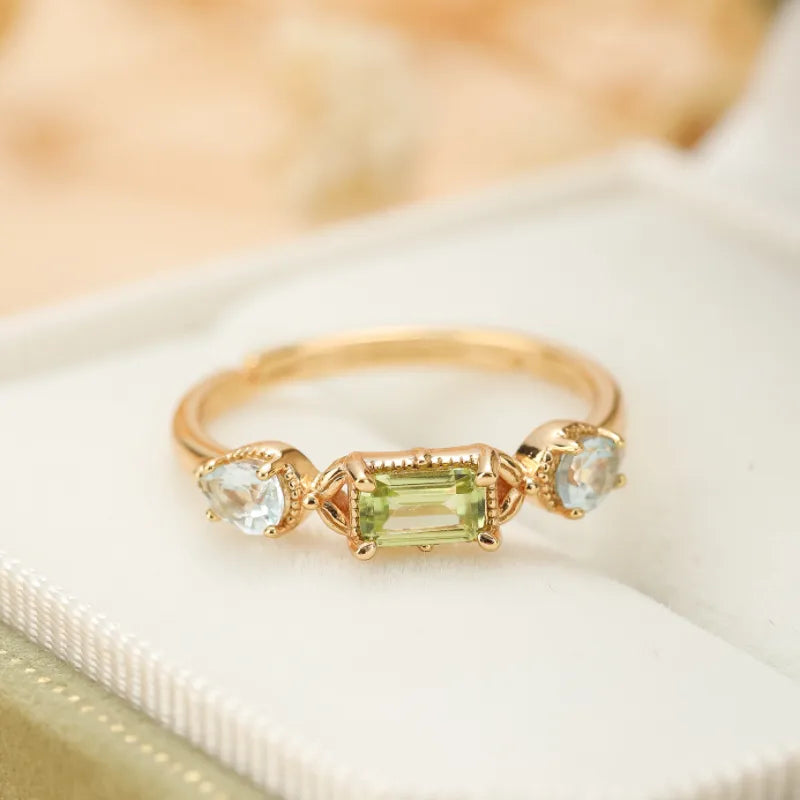 Anillo Peridoto y Topacio "Refinamiento Geométrico" Plata Dorada Oro