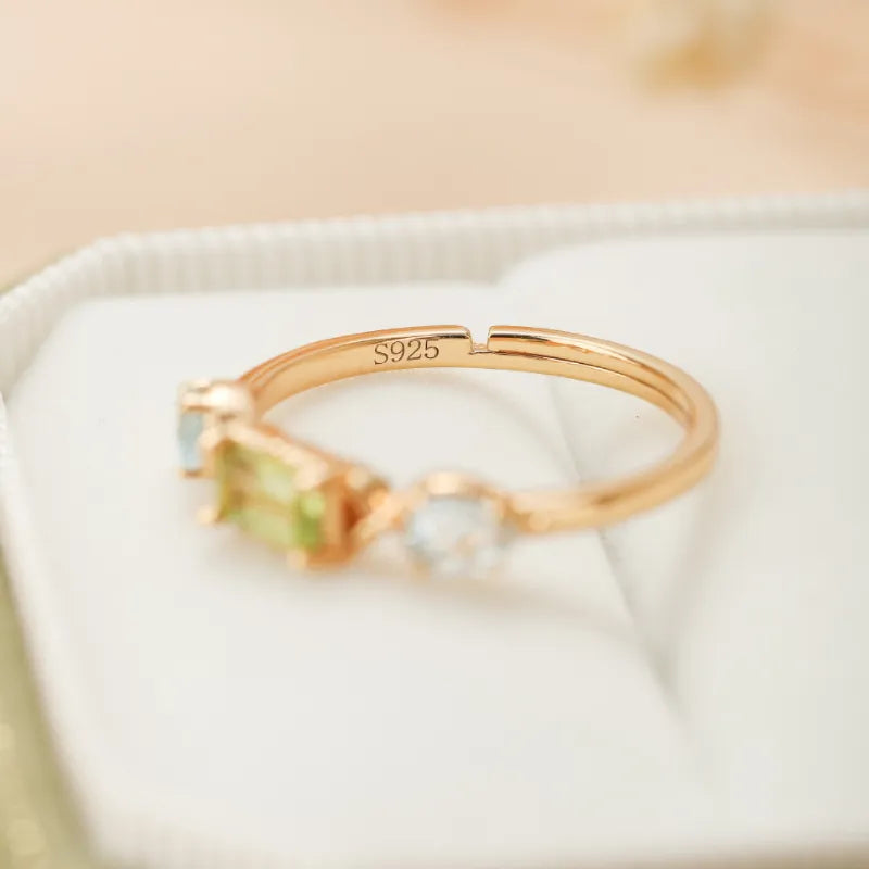 Anillo Peridoto y Topacio "Refinamiento Geométrico" Plata Dorada Oro