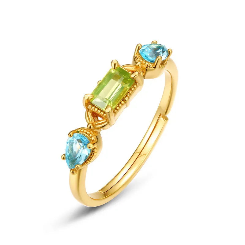 Anillo Peridoto y Topacio "Refinamiento Geométrico" Plata Dorada Oro
