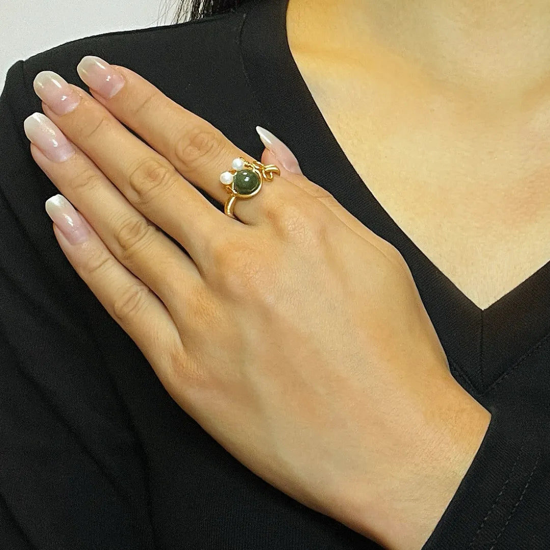Natural Stones Ring "Joyful Cat" Gold 14K