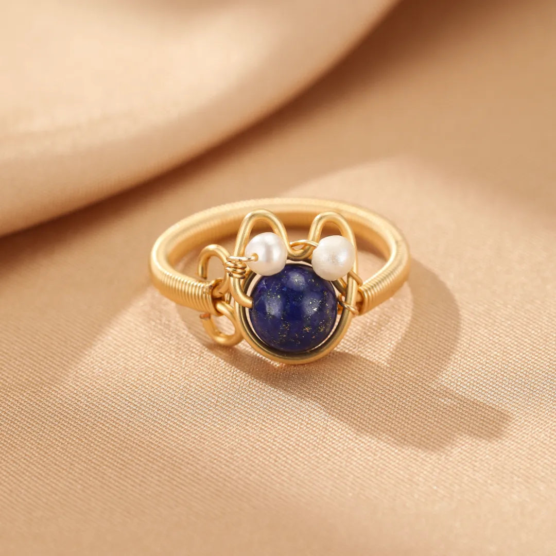 Natural Stones Ring "Joyful Cat" Gold 14K