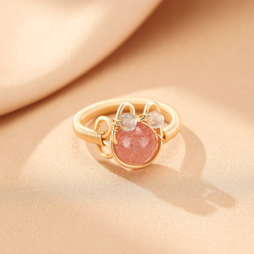 Natural Stones Ring "Joyful Cat" Gold 14K
