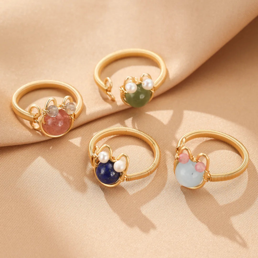 Natural Stones Ring "Joyful Cat" Gold 14K