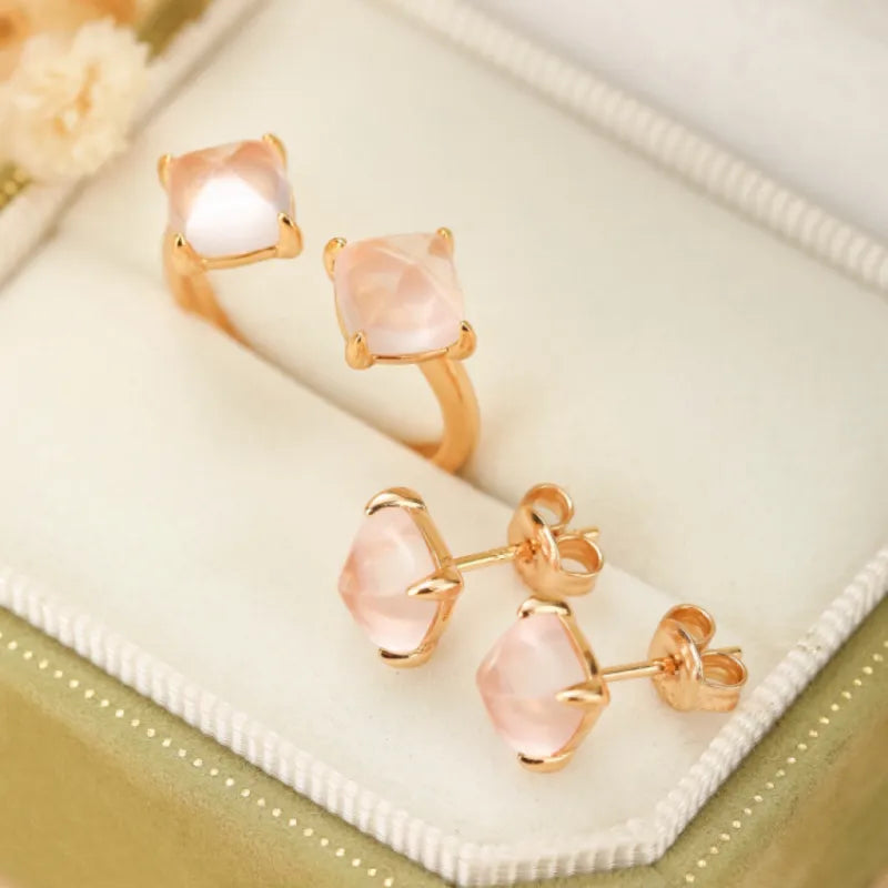 Boucles d'Oreilles Quartz Rose "Éclat Jumelé" Argent Doré Or