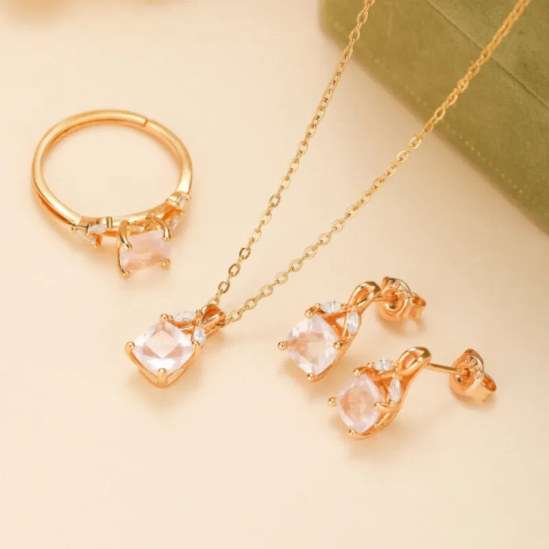 Boucles d'Oreilles Quartz Rose "Élégance Luxueuse" Argent Doré Or