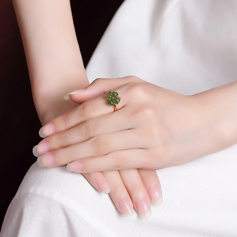 Bague Trèfle Jade "Gemme de Joie" Argent Doré Or