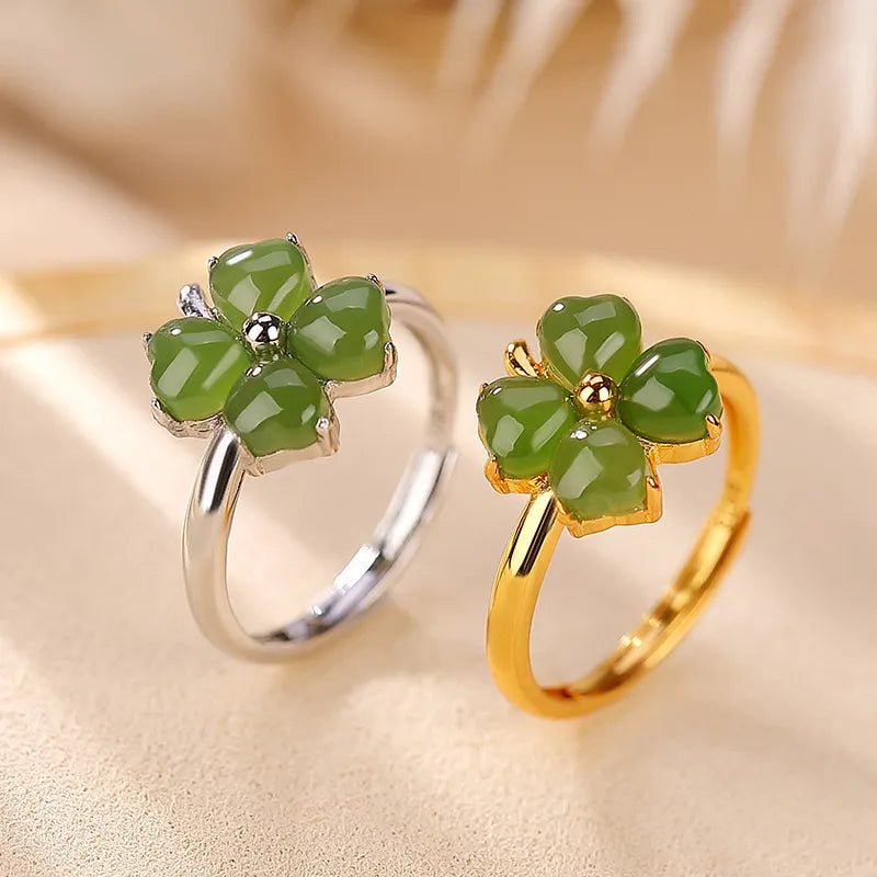 Bague Trèfle Jade "Gemme de Joie" Argent Doré Or