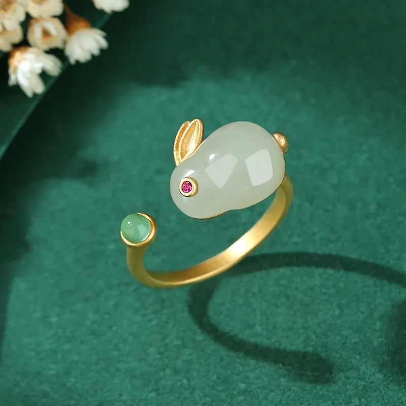 Jade Ring "Soft Rabbit" Gold-Plated Silver