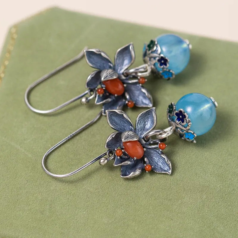 Boucles d'Oreilles Aigue Marine Lotus "Floraison Bleue" Argent