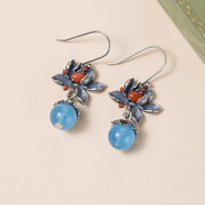 Boucles d'Oreilles Aigue Marine Lotus "Floraison Bleue" Argent