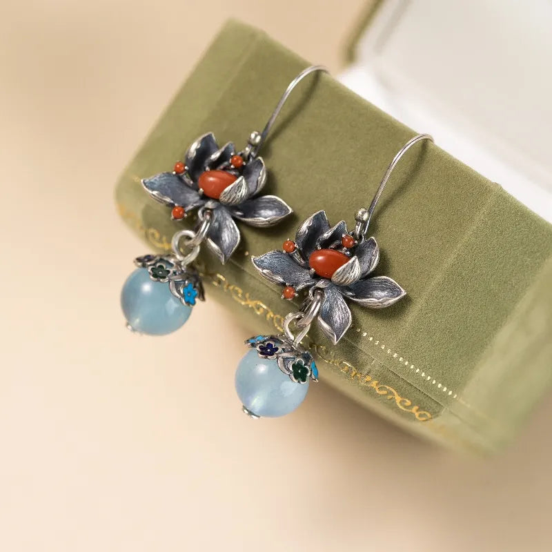 Boucles d'Oreilles Aigue Marine Lotus "Floraison Bleue" Argent