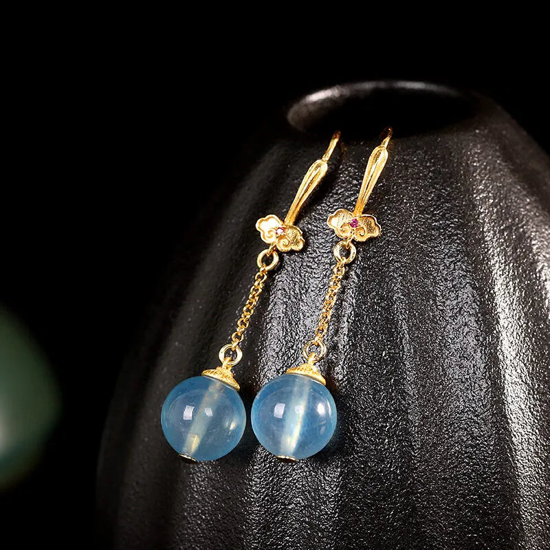 Boucles d'Oreilles Aigue Marine "Océan d'Or" Argent Doré Or