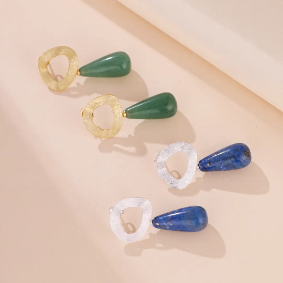 Boucles d'Oreilles Aventurine et Lapis Lazuli "Goutte de Charme" Argent Doré Or