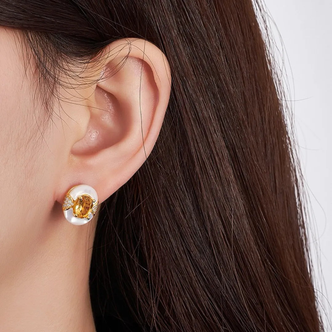 Boucles d'Oreilles Citrine et Nacre "Élégance Éternelle" Argent Doré Or