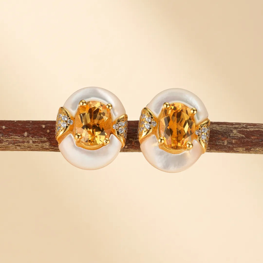 Boucles d'Oreilles Citrine et Nacre "Élégance Éternelle" Argent Doré Or
