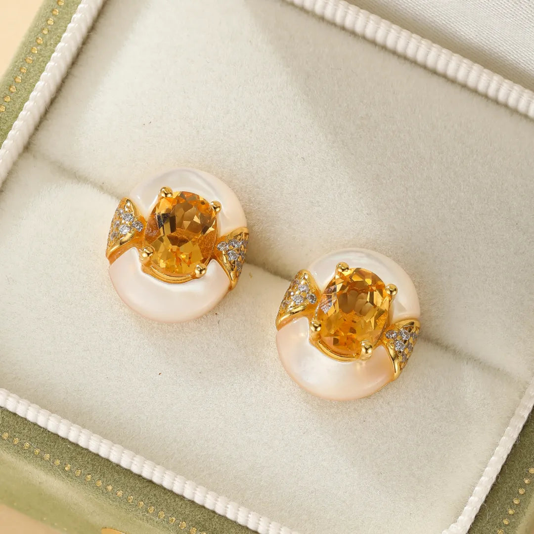 Boucles d'Oreilles Citrine et Nacre "Élégance Éternelle" Argent Doré Or