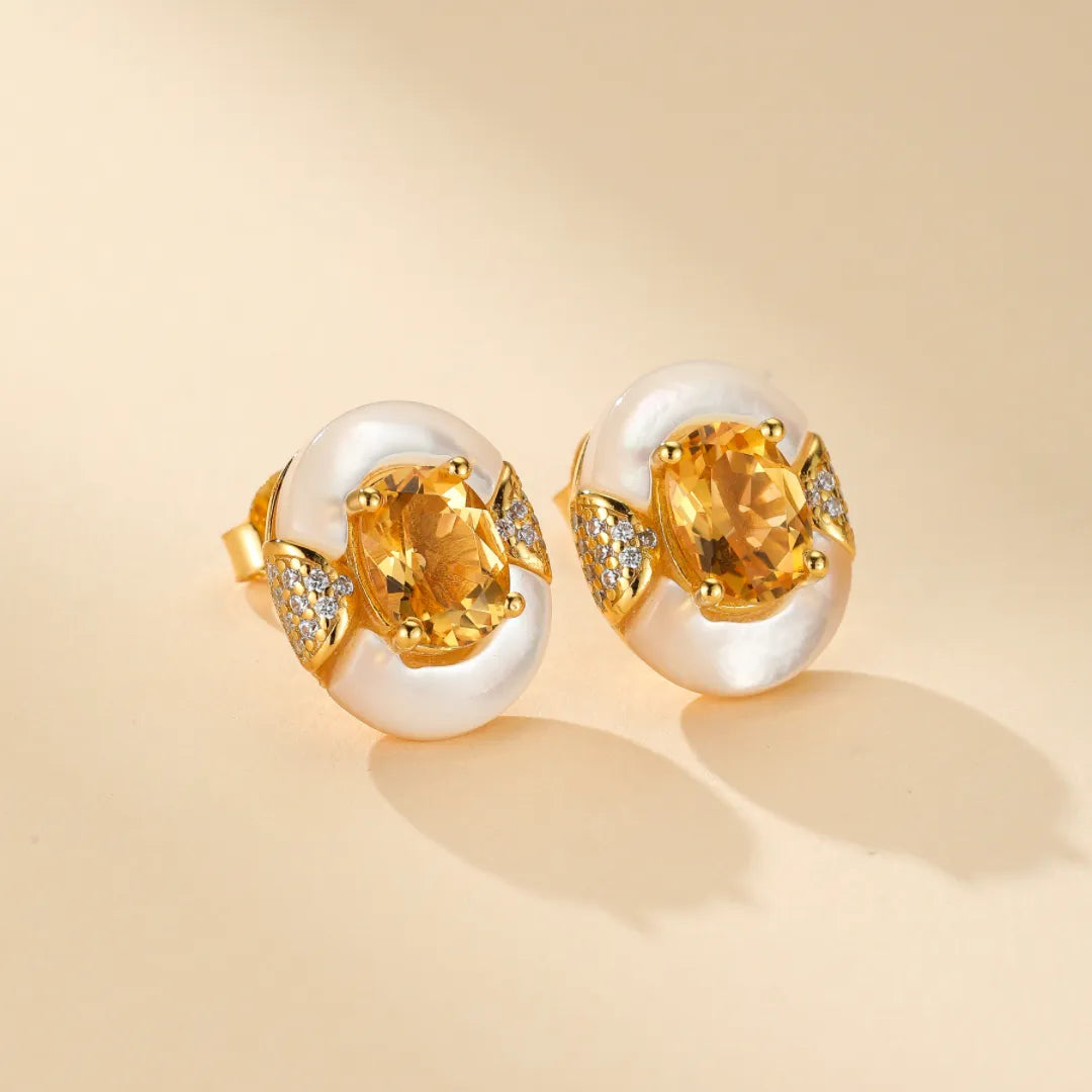Boucles d'Oreilles Citrine et Nacre "Élégance Éternelle" Argent Doré Or