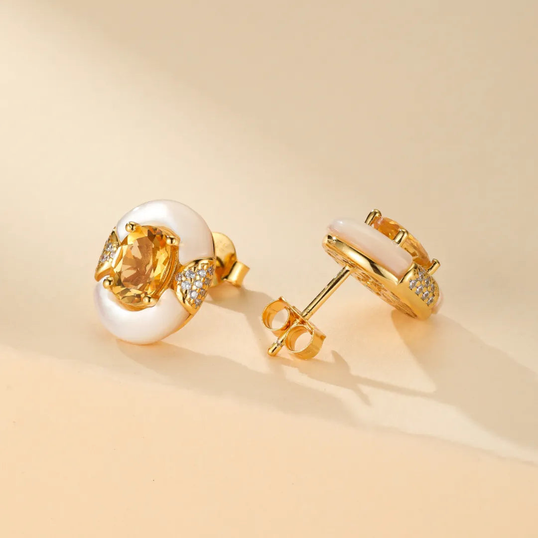 Boucles d'Oreilles Citrine et Nacre "Élégance Éternelle" Argent Doré Or