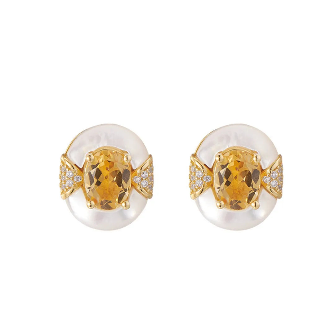 Boucles d'Oreilles Citrine et Nacre "Élégance Éternelle" Argent Doré Or
