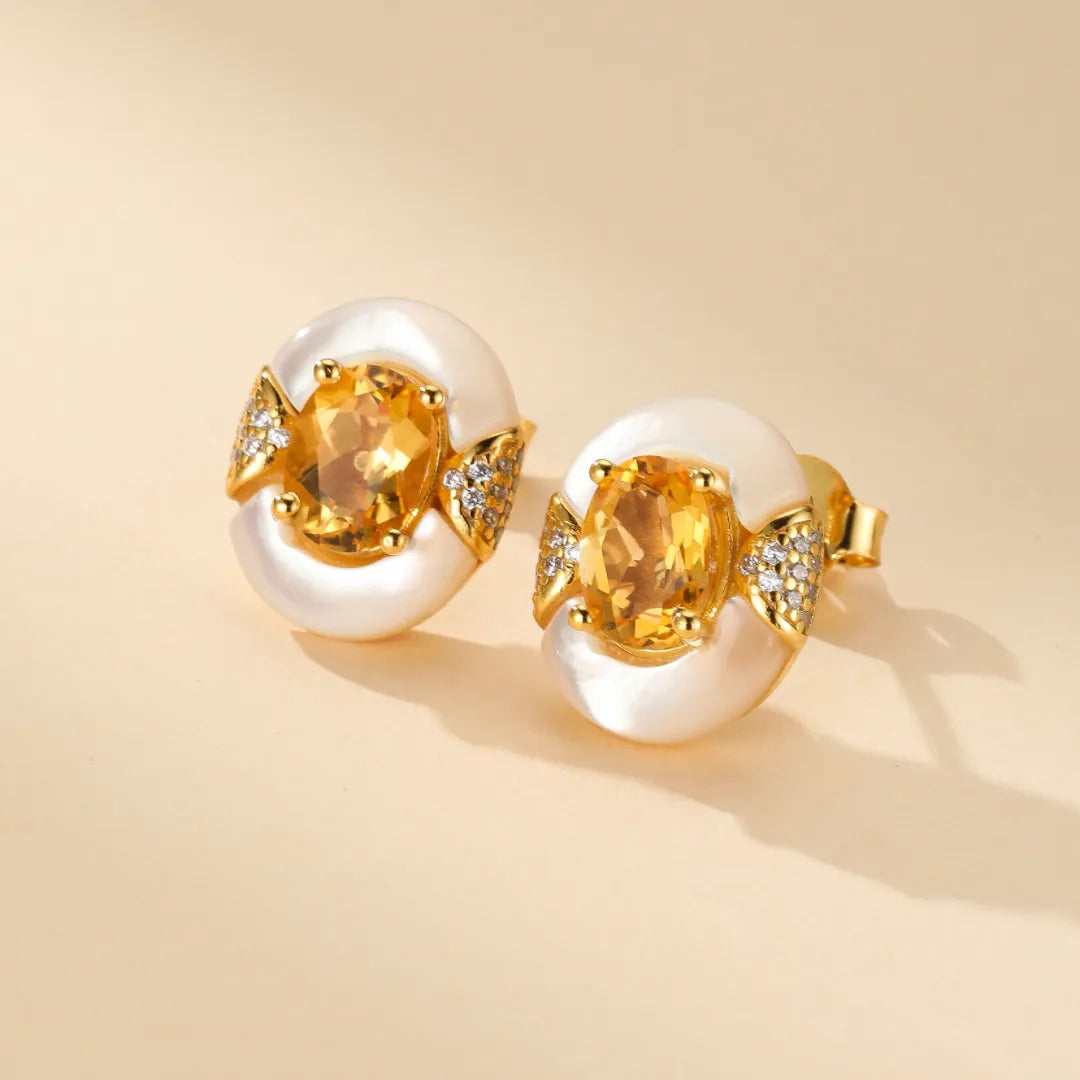 Boucles d'Oreilles Citrine et Nacre "Élégance Éternelle" Argent Doré Or