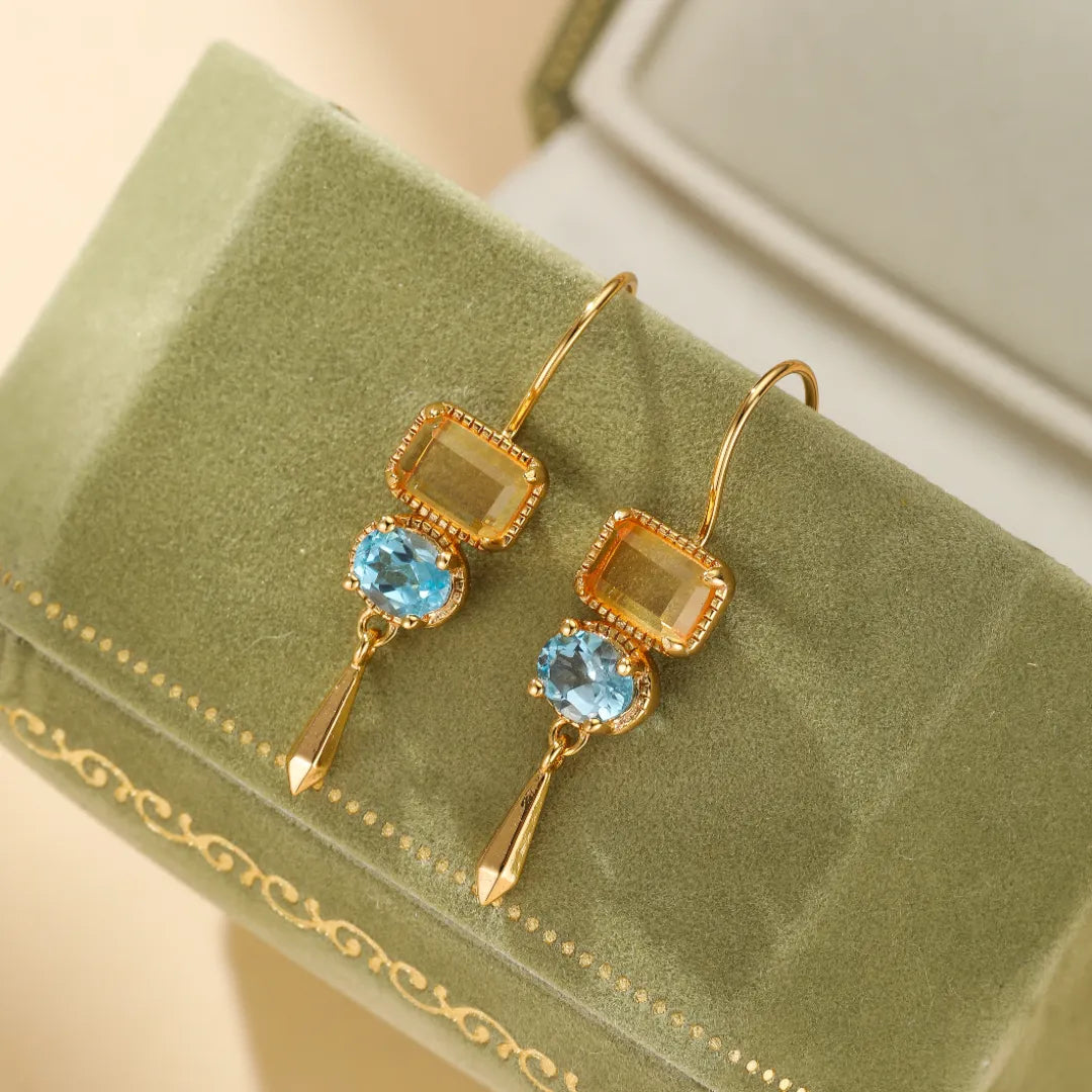 Boucles d'Oreilles Citrine et Topaze "Soleil et Ciel" Argent Doré Or