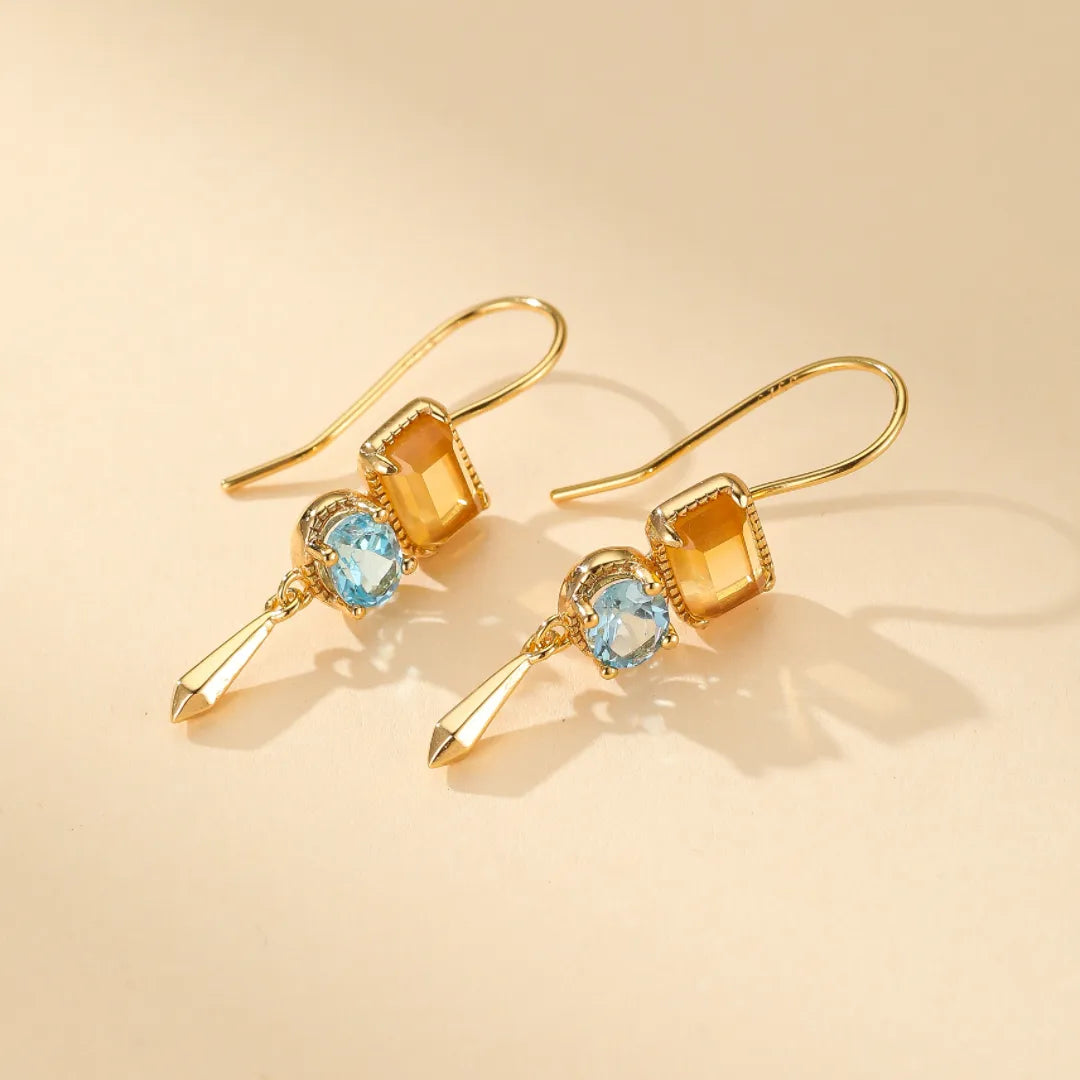 Boucles d'Oreilles Citrine et Topaze "Soleil et Ciel" Argent Doré Or